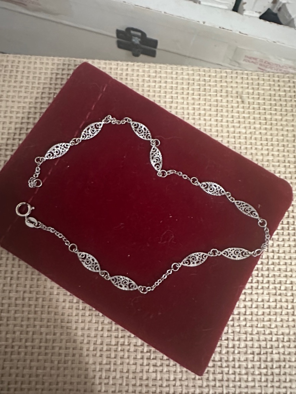 14k white Gold Anklet  Filigree Link Bracelet -10inches